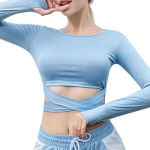 Halara Light Blue Long Sleeve Thumb Hole Tummy Cross Workout Athletic Shirt
